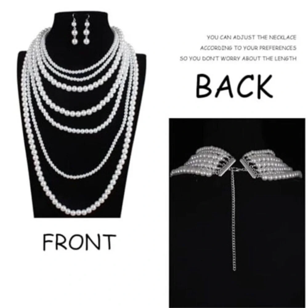 Long Lab Pearl Necklace Layered Pearls and Earrings Set Pearl Body Jewelry